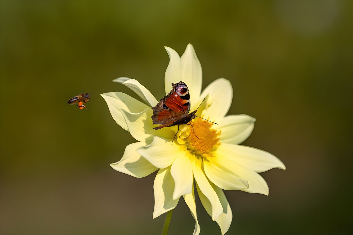 Vlinder en bij op een gele bloem