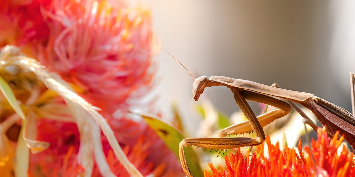 Bidsprinkhaan op kleurrijke bloemen