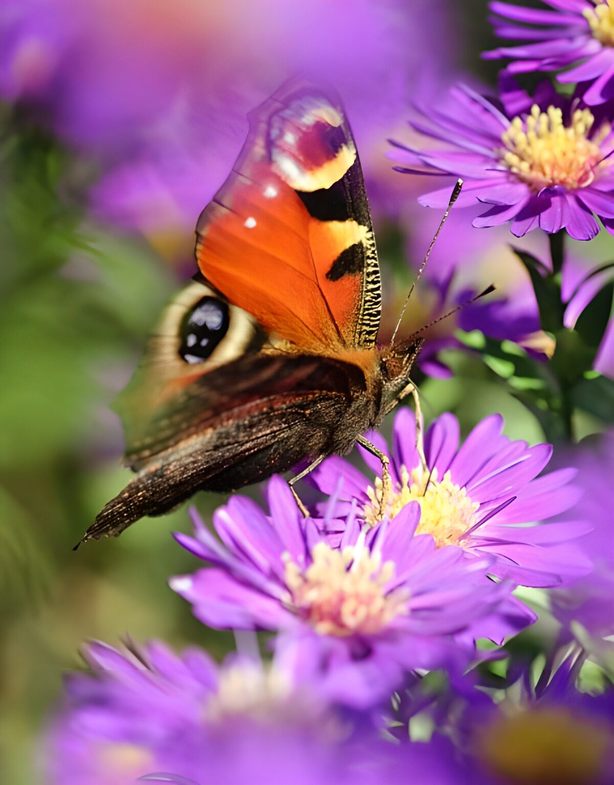 Schitterende vlinder op paarse bloemen