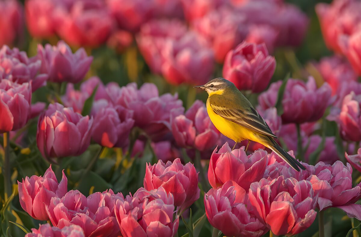 Gele Vogel Tussen Tulpen
