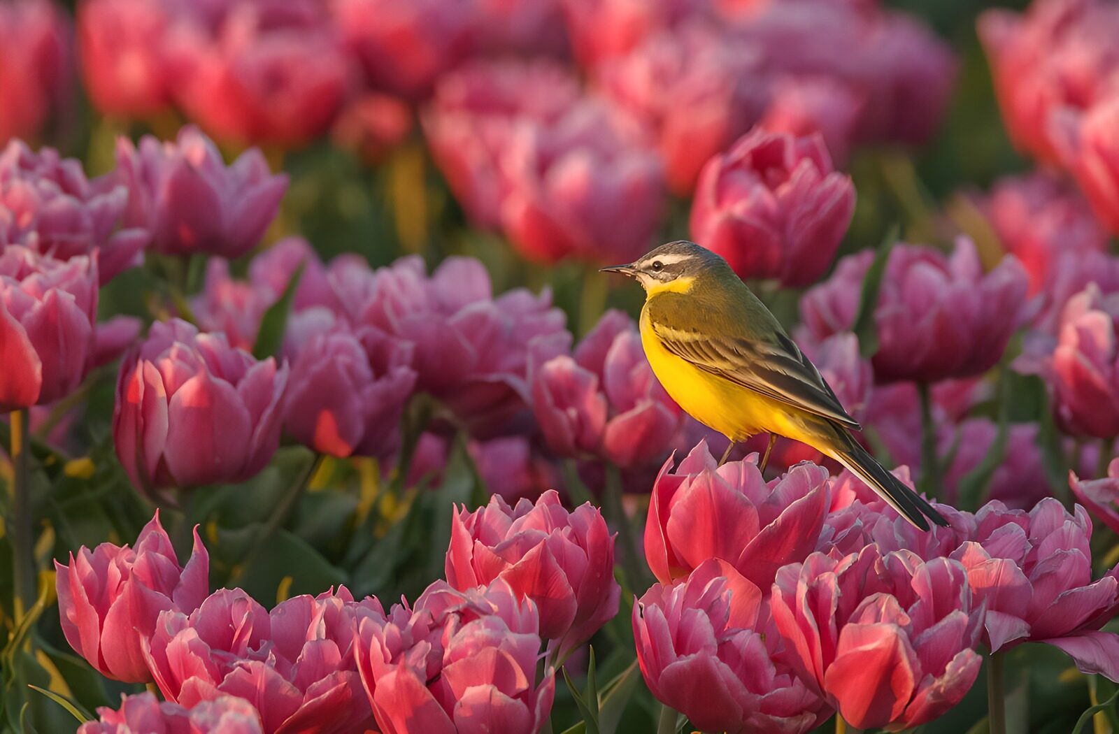 CW1898512: Gele Vogel Tussen Tulpen
