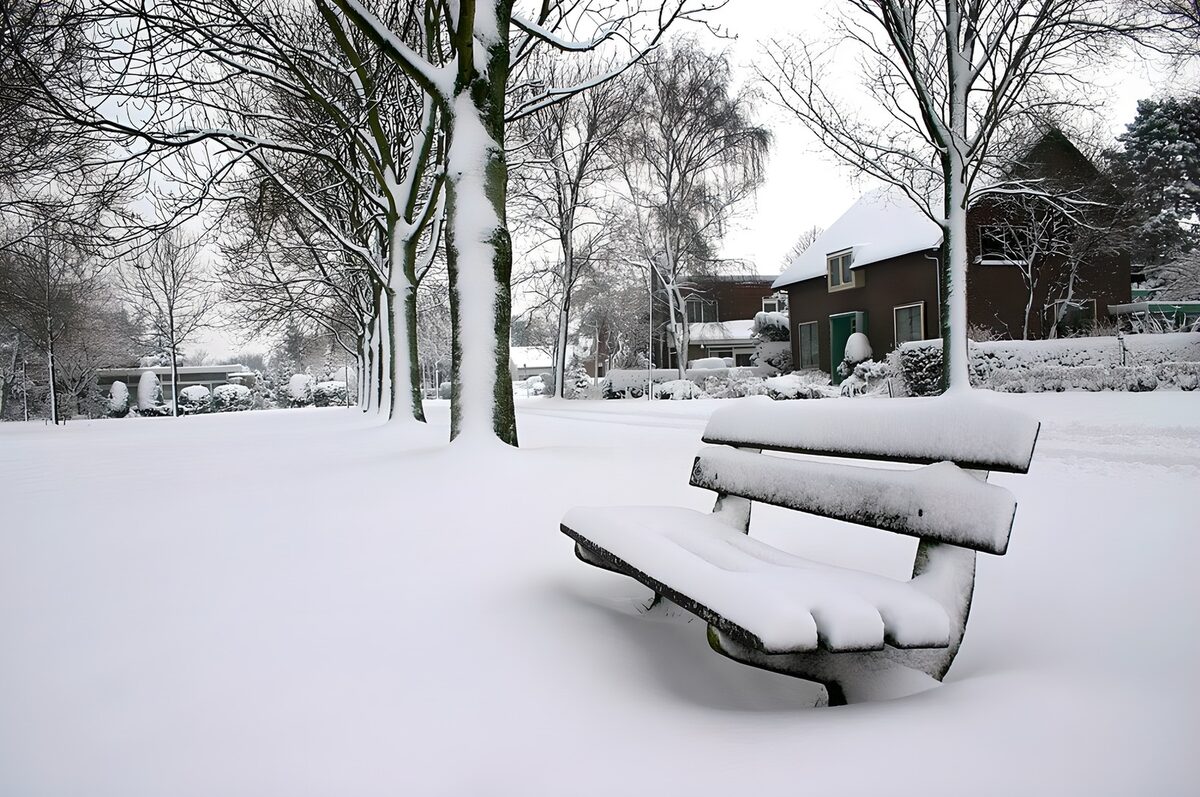 Sneeuwbedekte bank in winterlandschap