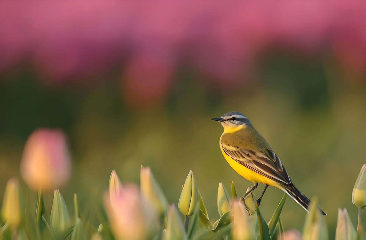 Geel vogeltje tussen de tulpen