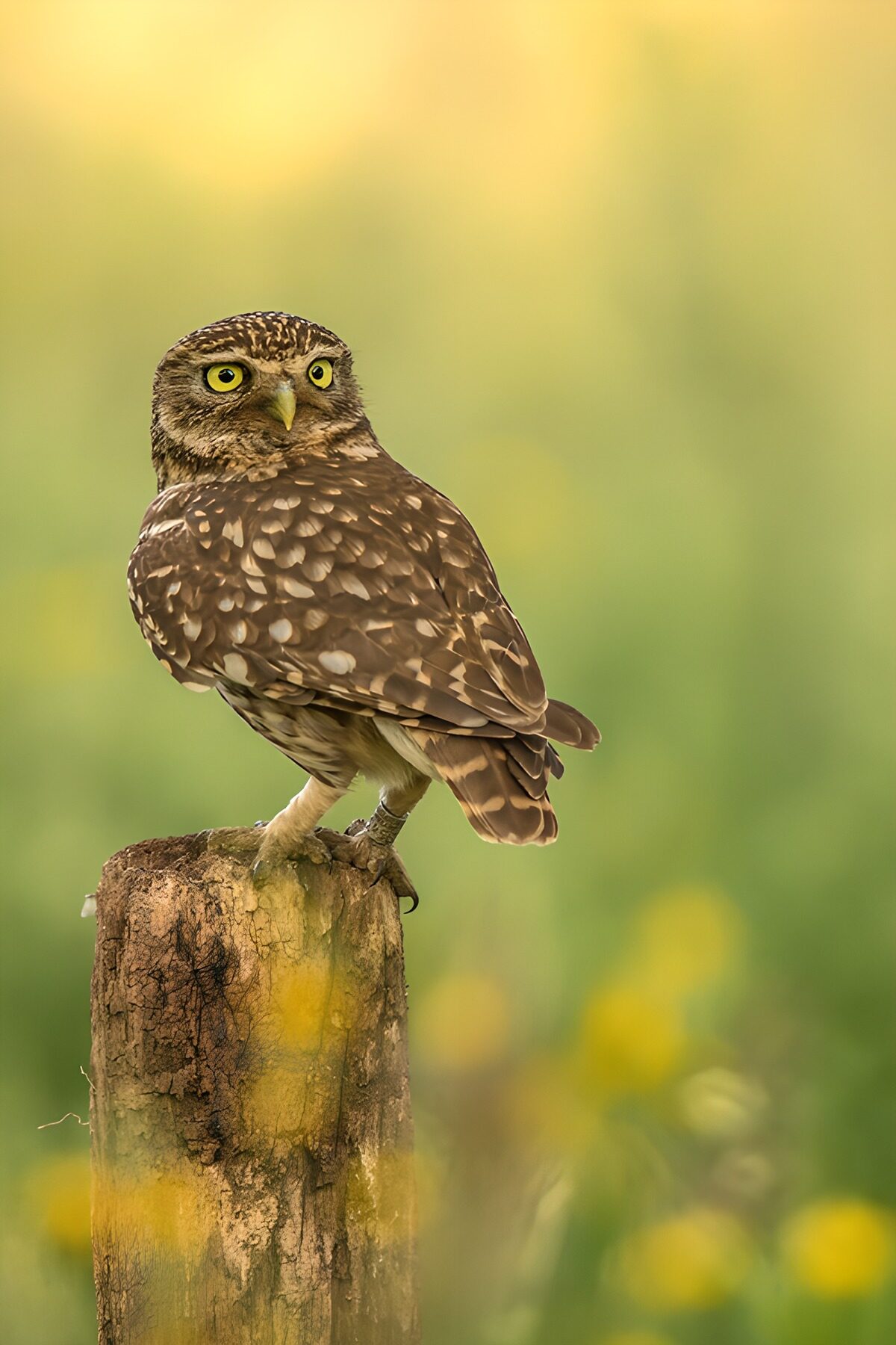 Kleine uil op een houten paaltje