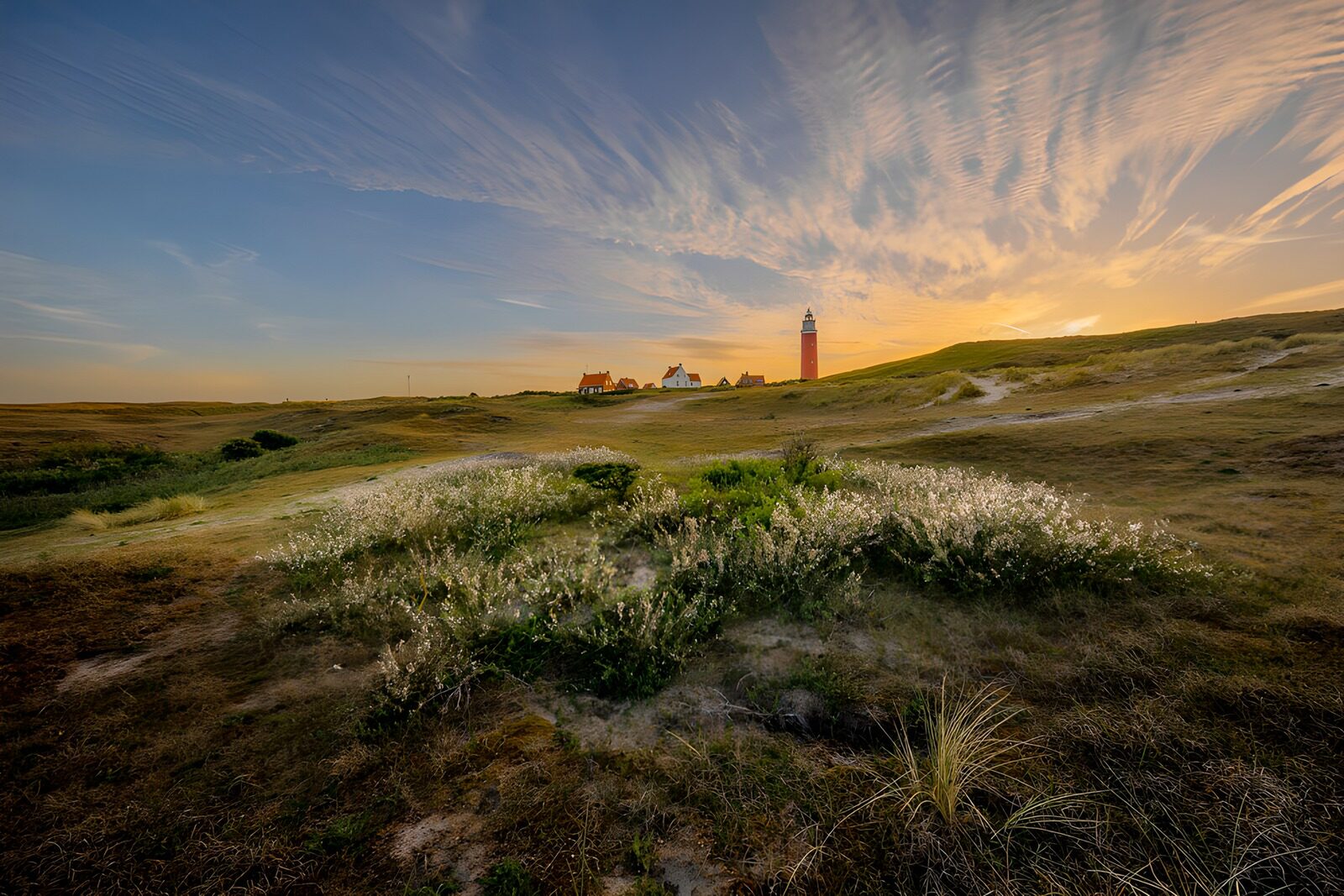 CW9583272: Vuurtoren bij zonsondergang in de duinen