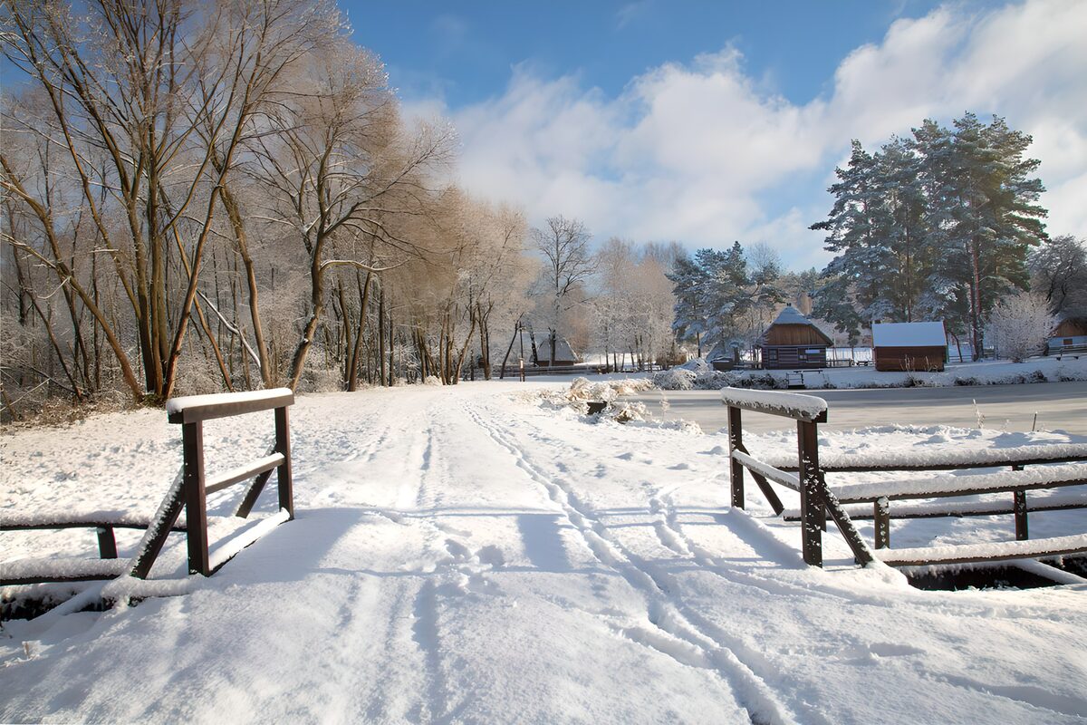 Sneeuwlandschap met brug en bomen