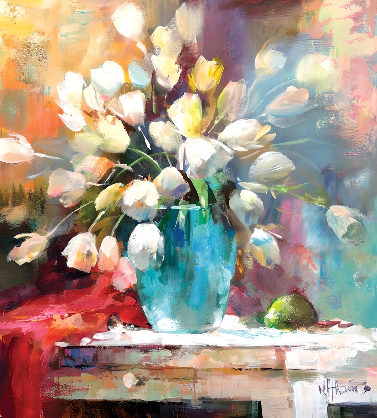 Witte tulpen in turquoise vaas