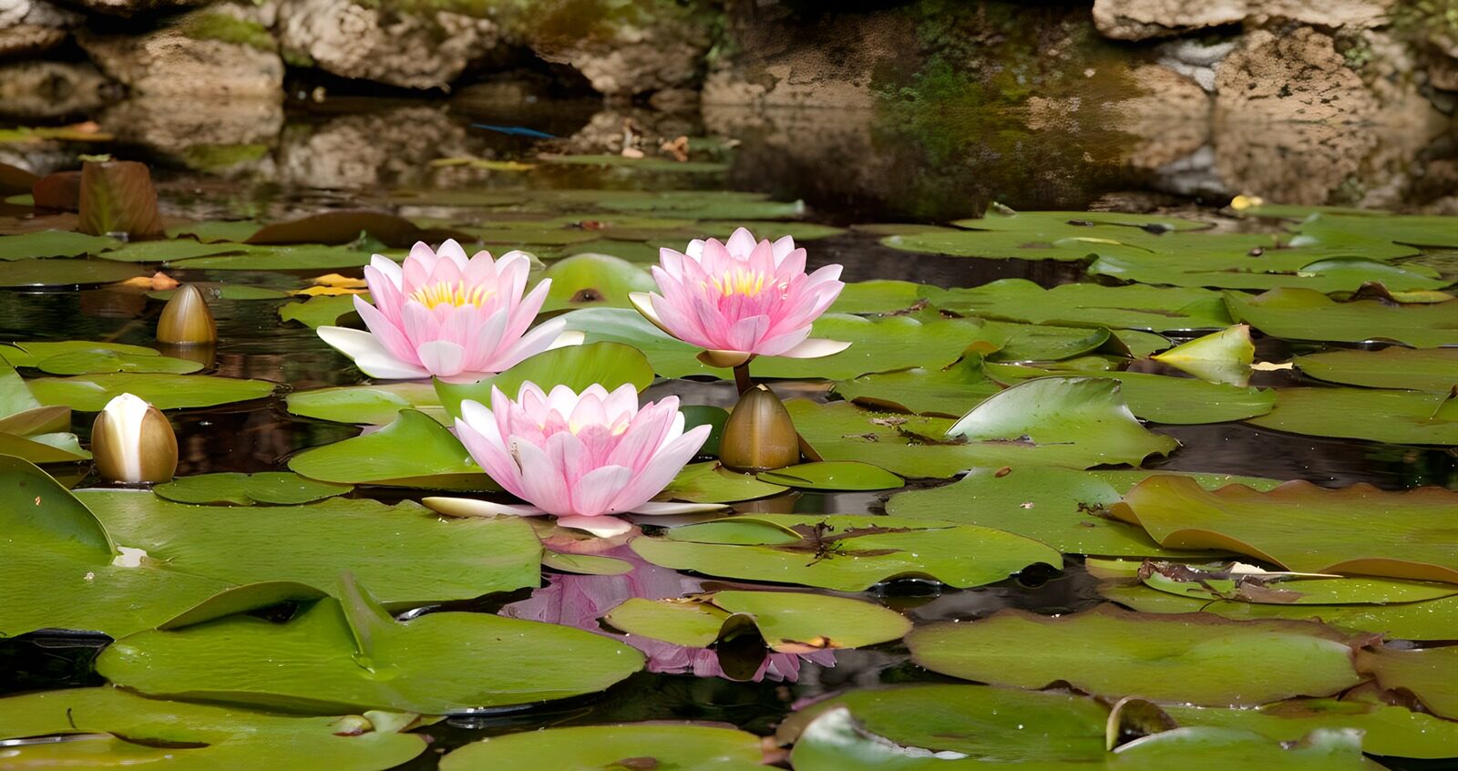 CW1685513: Pinksterbloemen in een rustige vijver