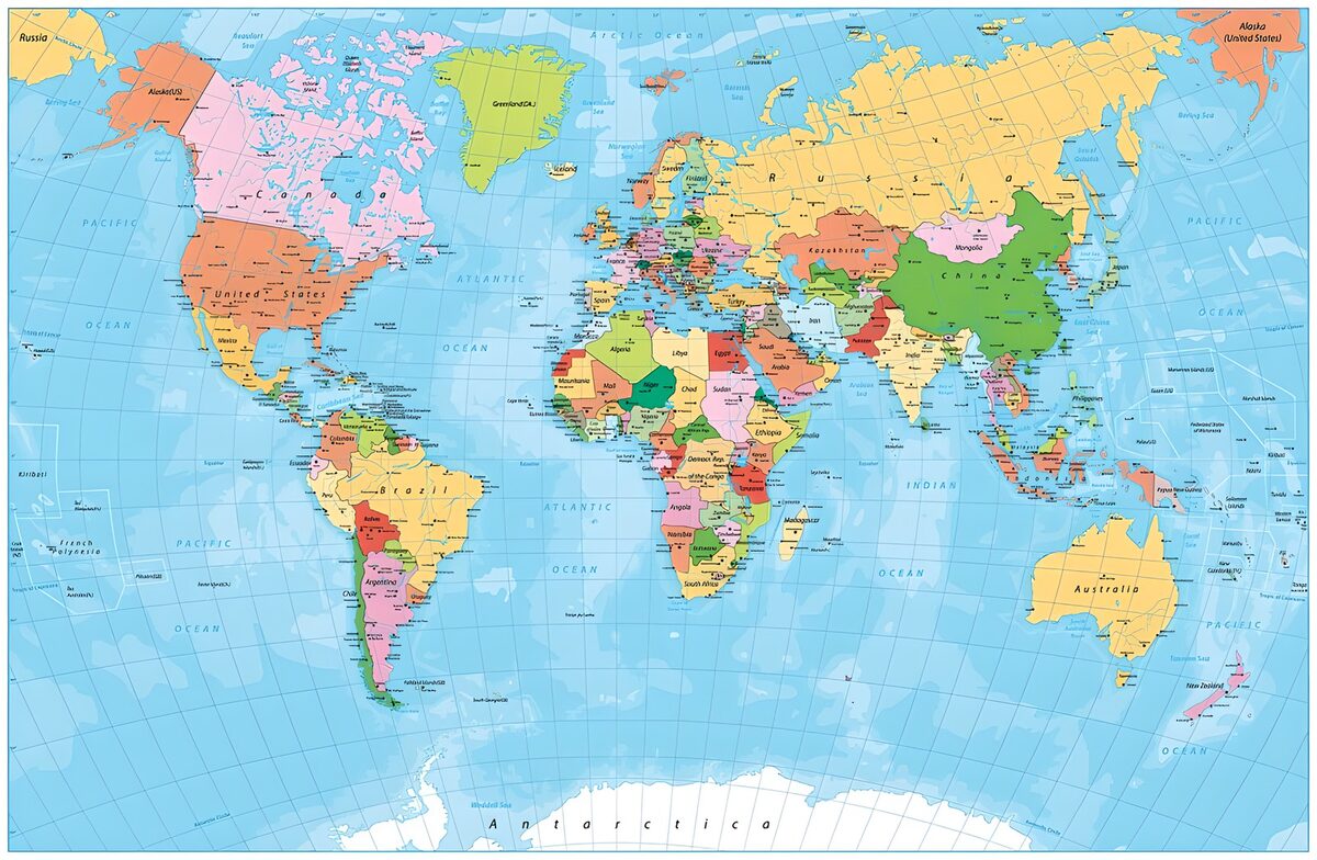 Wereldkaart met landen en oceanen
