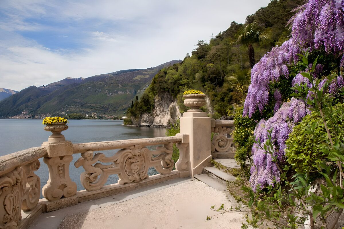 CW8858201: Prachtig uitzicht vanaf de promenade met bloeiende wisteria langs het water.