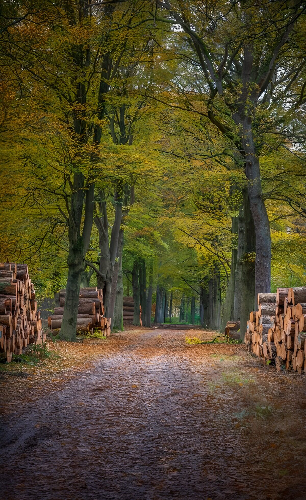 Herfstpad tussen de boomstammen