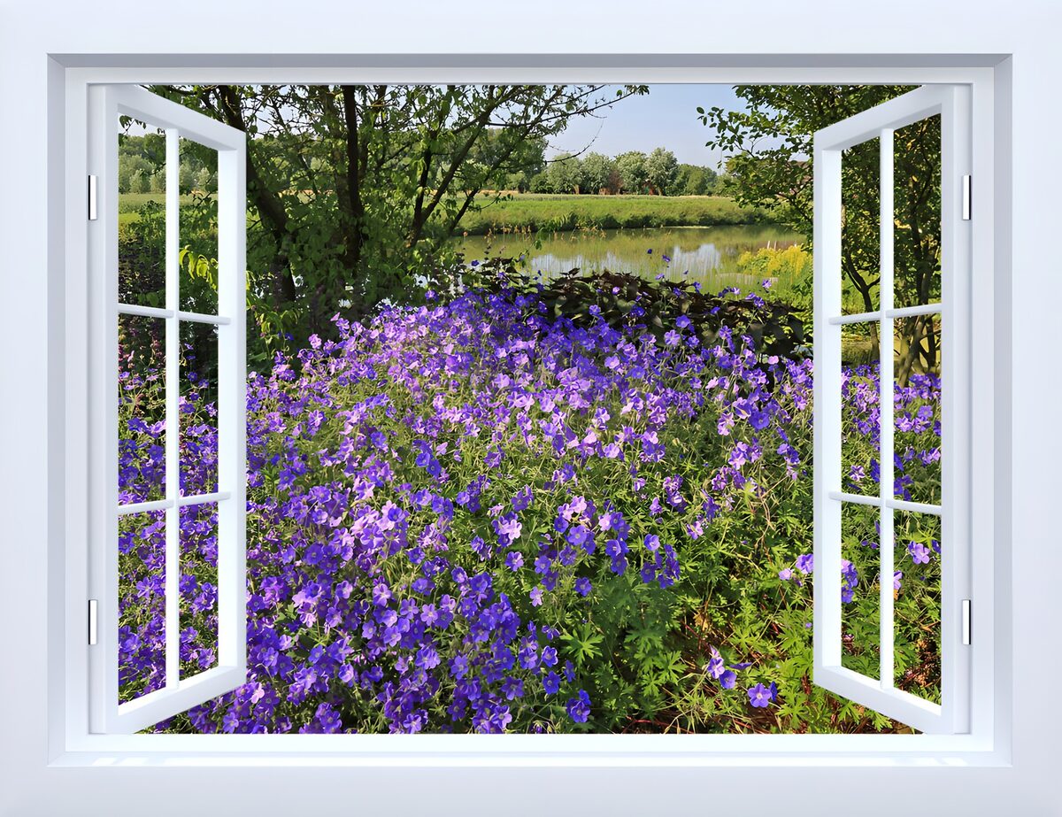 Uitzicht op een bloeiende tuin