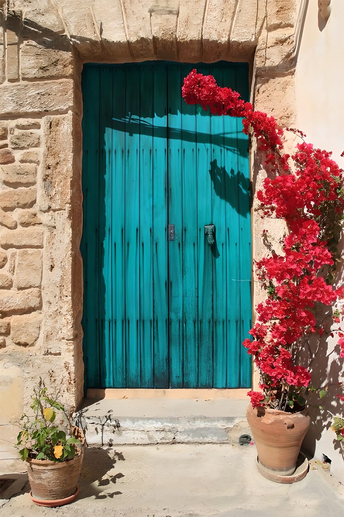 CW4447122: Turquoise Deur met Bloeiende Bougainvillea
