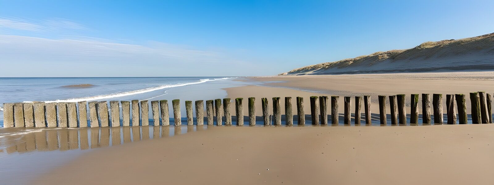 CW9151022: Strand met golfbreker en blauwe lucht
