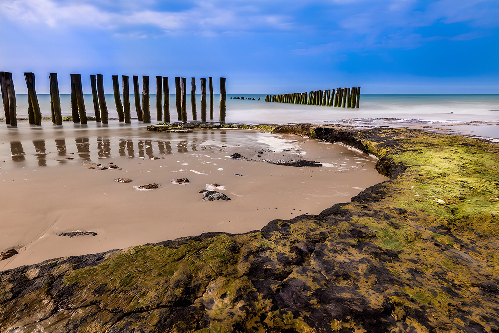 CW3337028: Rustige k kust met houten palen