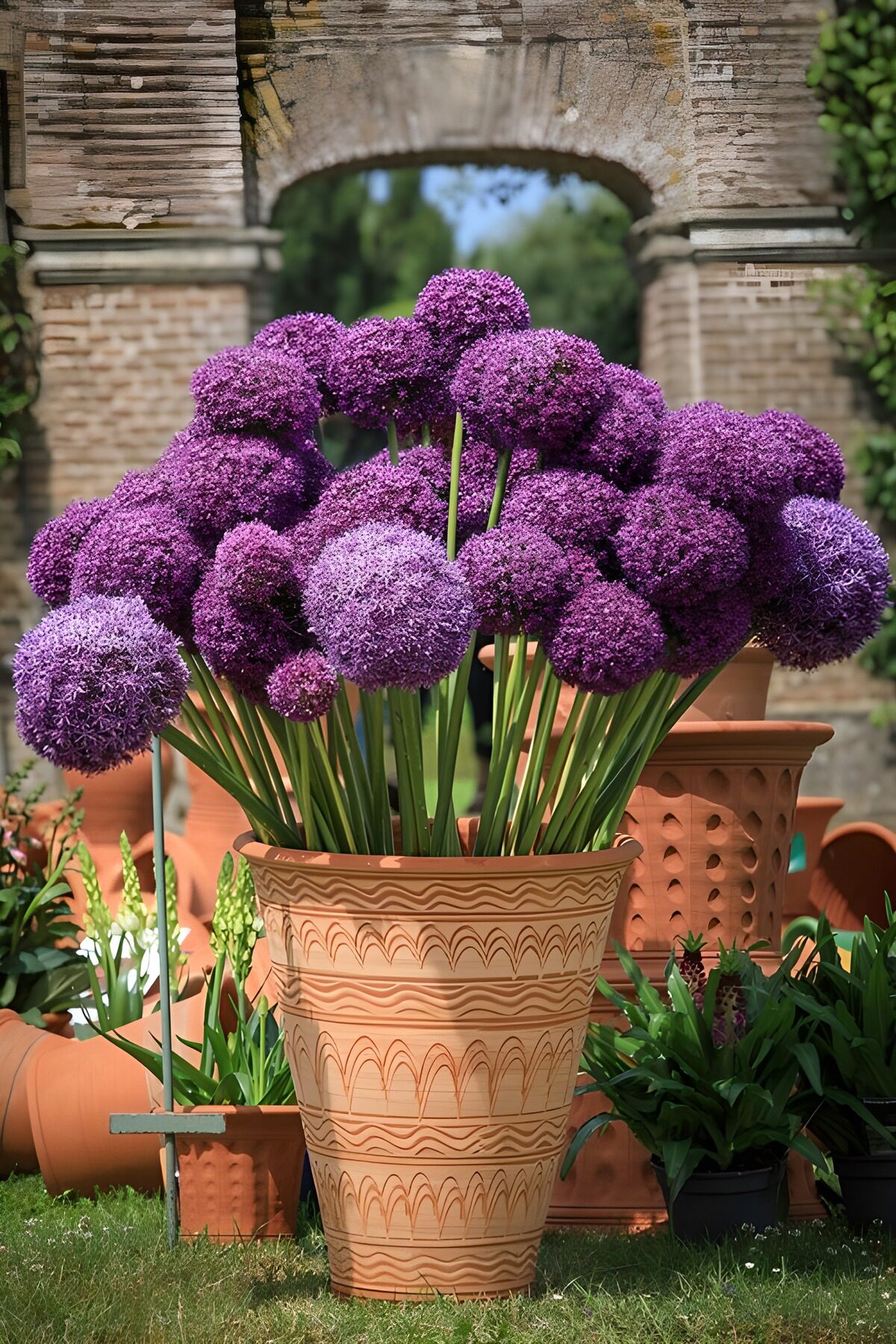Prachtige paarse Allium bloemen in pot