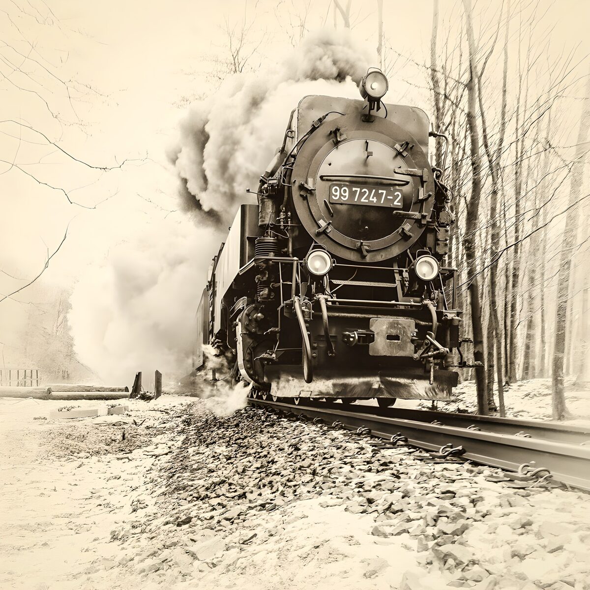 Stoomlocomotief in het duistere bos