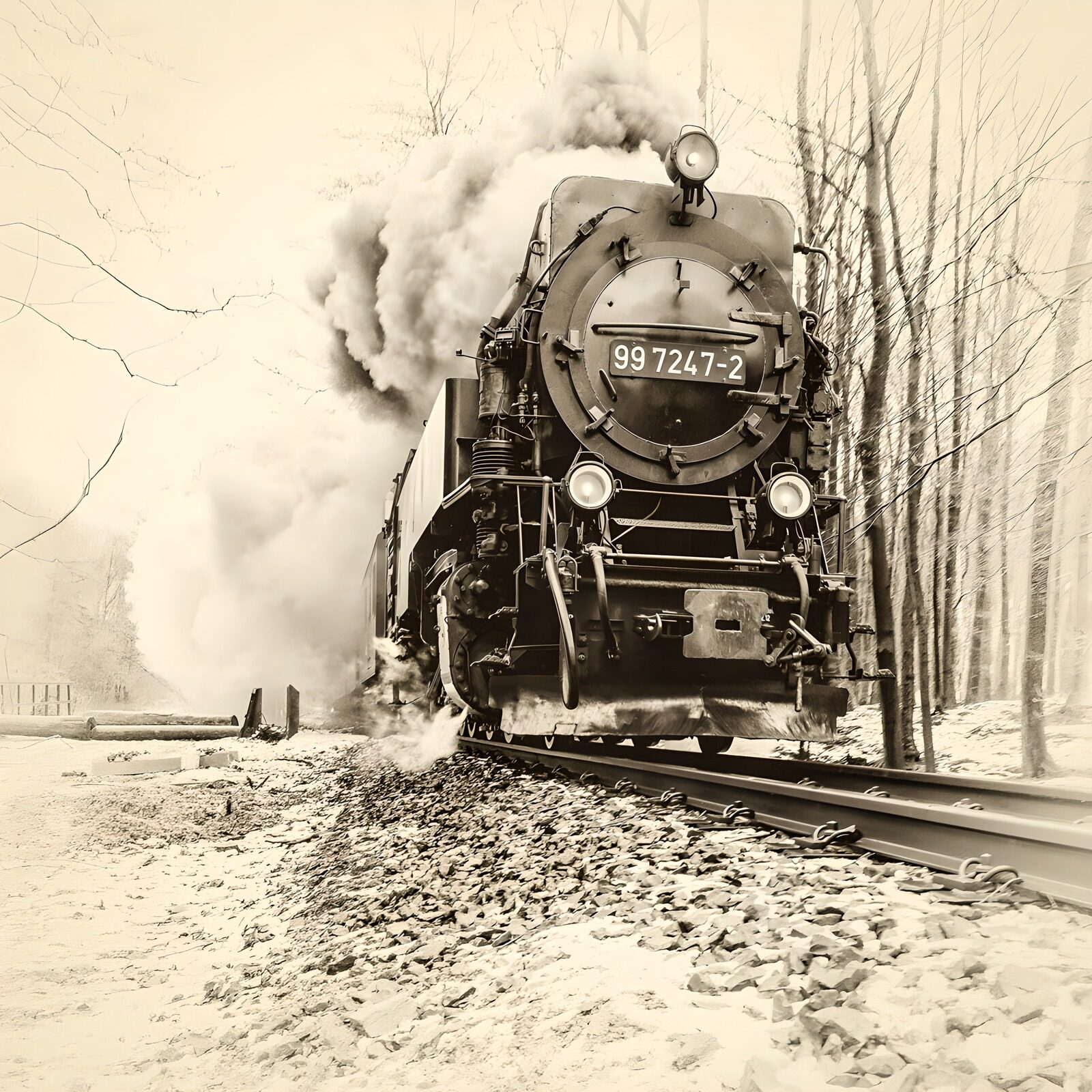 CW4677864: Stoomlocomotief in het duistere bos