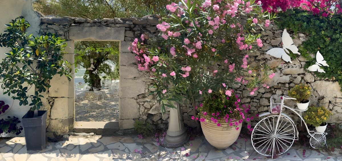 Betoverende tuin met bloemen en vlinders