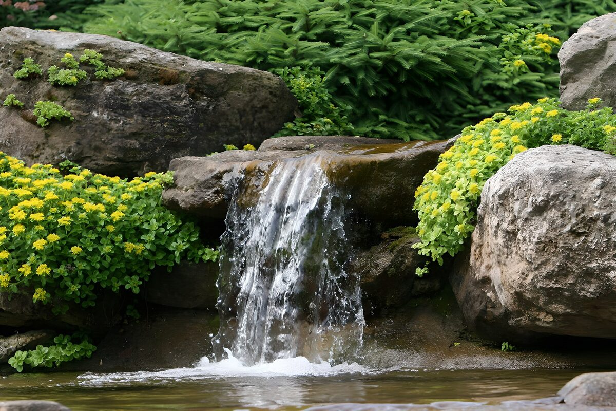 Rustgevende Waterval met Bloemen
