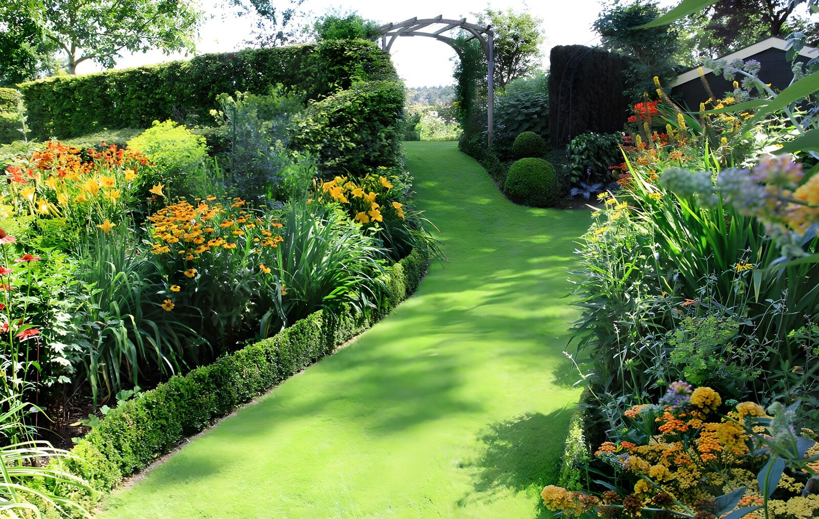 CW2137192: Zonnige Tuin met Bloemen en Groen Gras