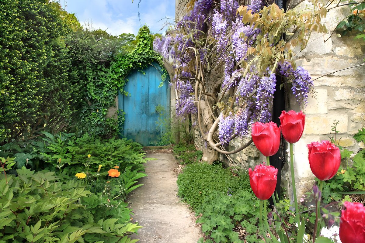 Betoverende tuin met blauwe deur