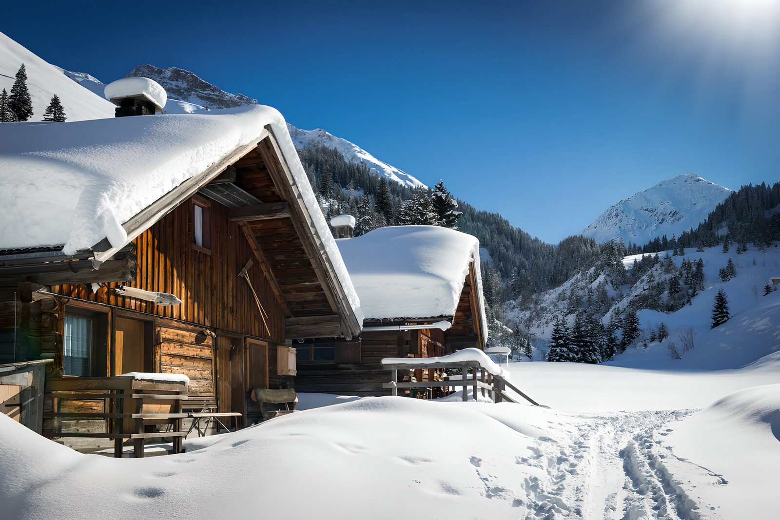 CW7128409: Winterse chalets in besneeuwd landschap