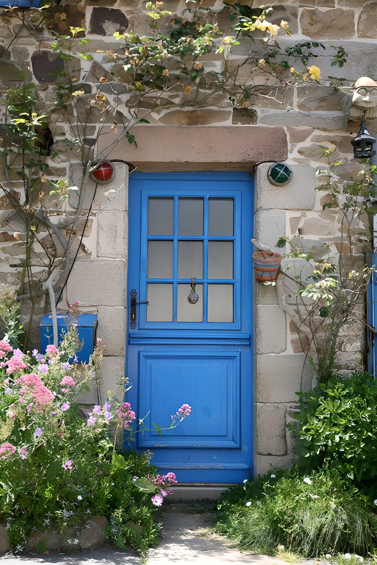 CW5578866: Blauwe deur omgeven door bloemen