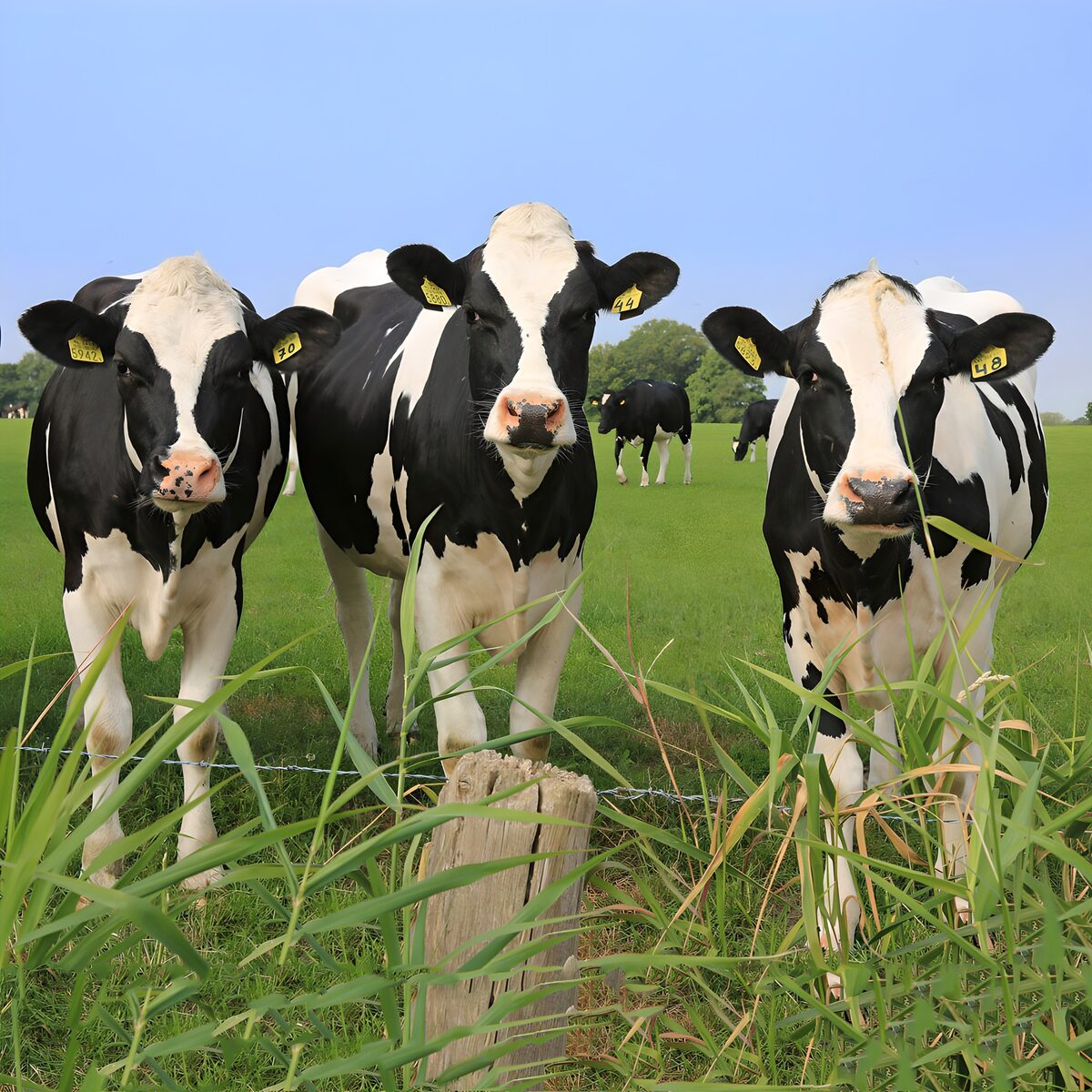 Drie zwart-witte koeien in het gras