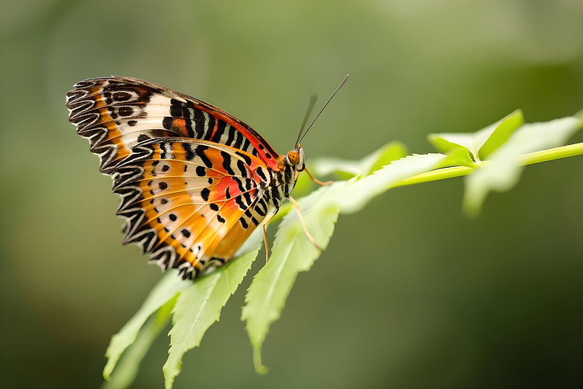 Kleurrijke vlinder op groene blaadjes
