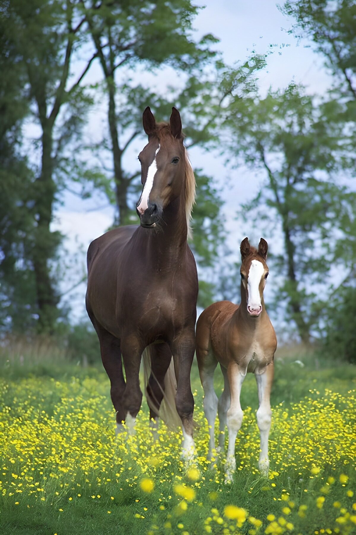 Moederpaard met veulen in de natuur