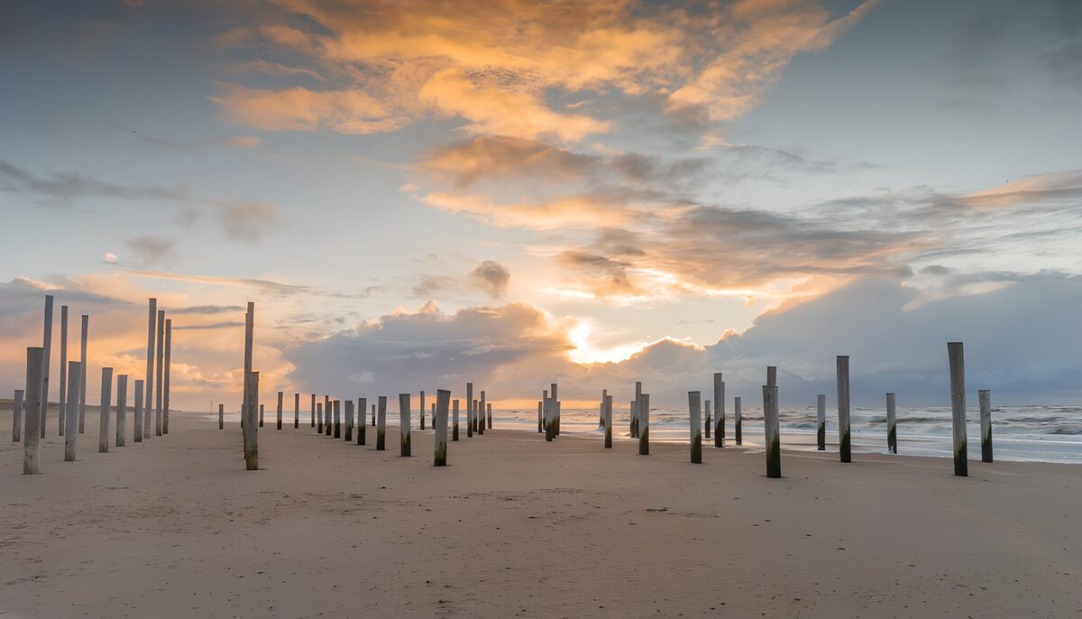 CW3730013: Verlate palen aan het strand bij zonsondergang