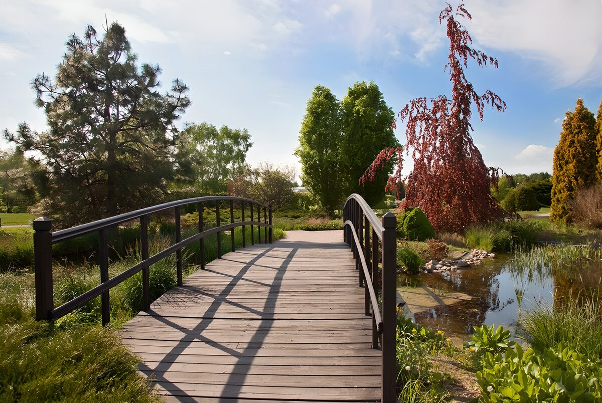 Rustige brug in een tuinlandschap