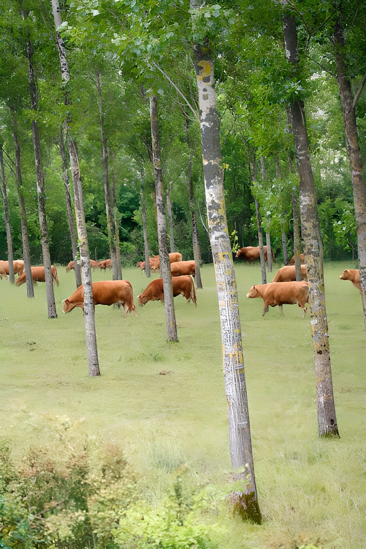 Koeien tussen de bomen in het groene veld