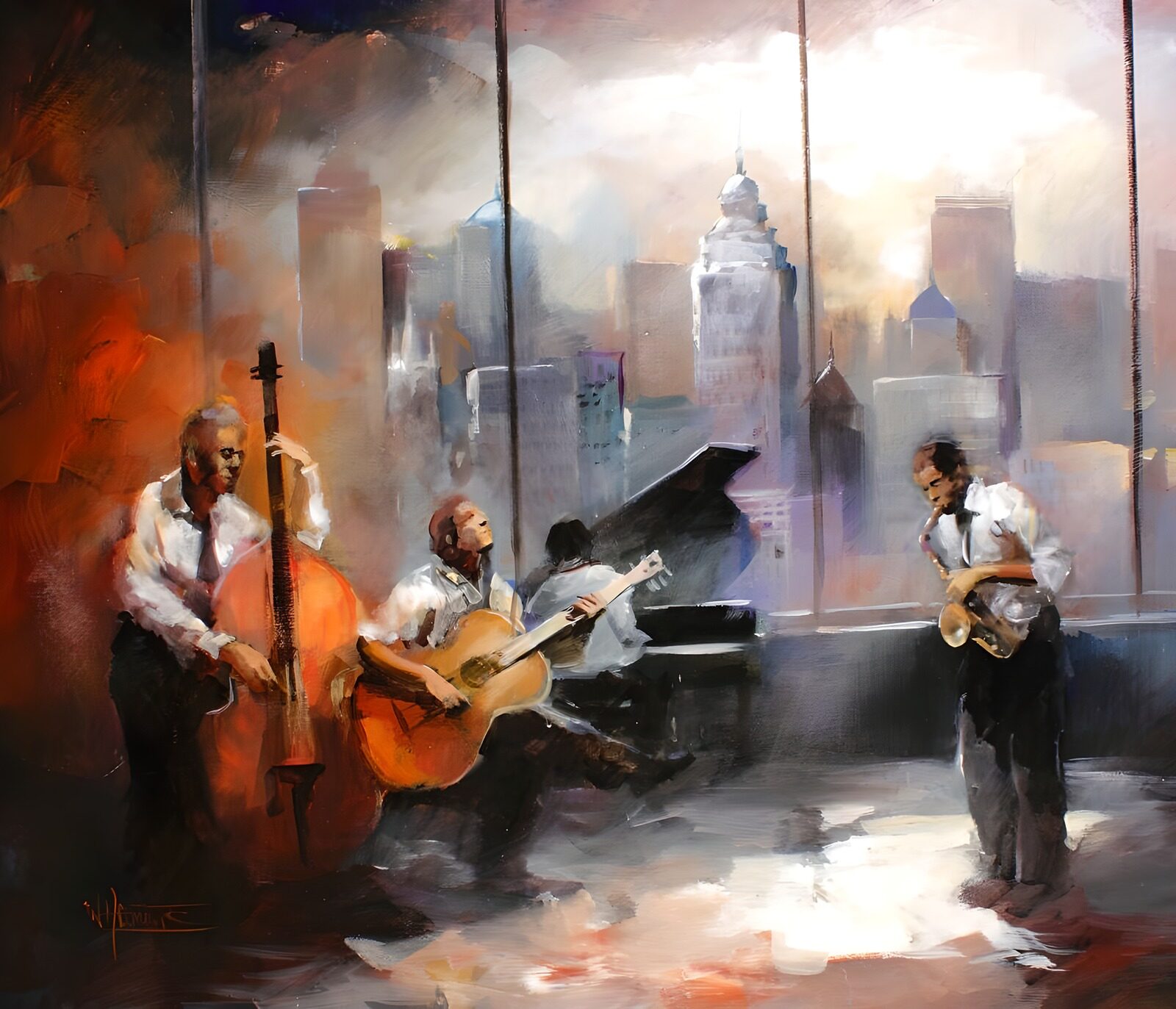CW1677967: Jazzmuzikanten met stad op de achtergrond
