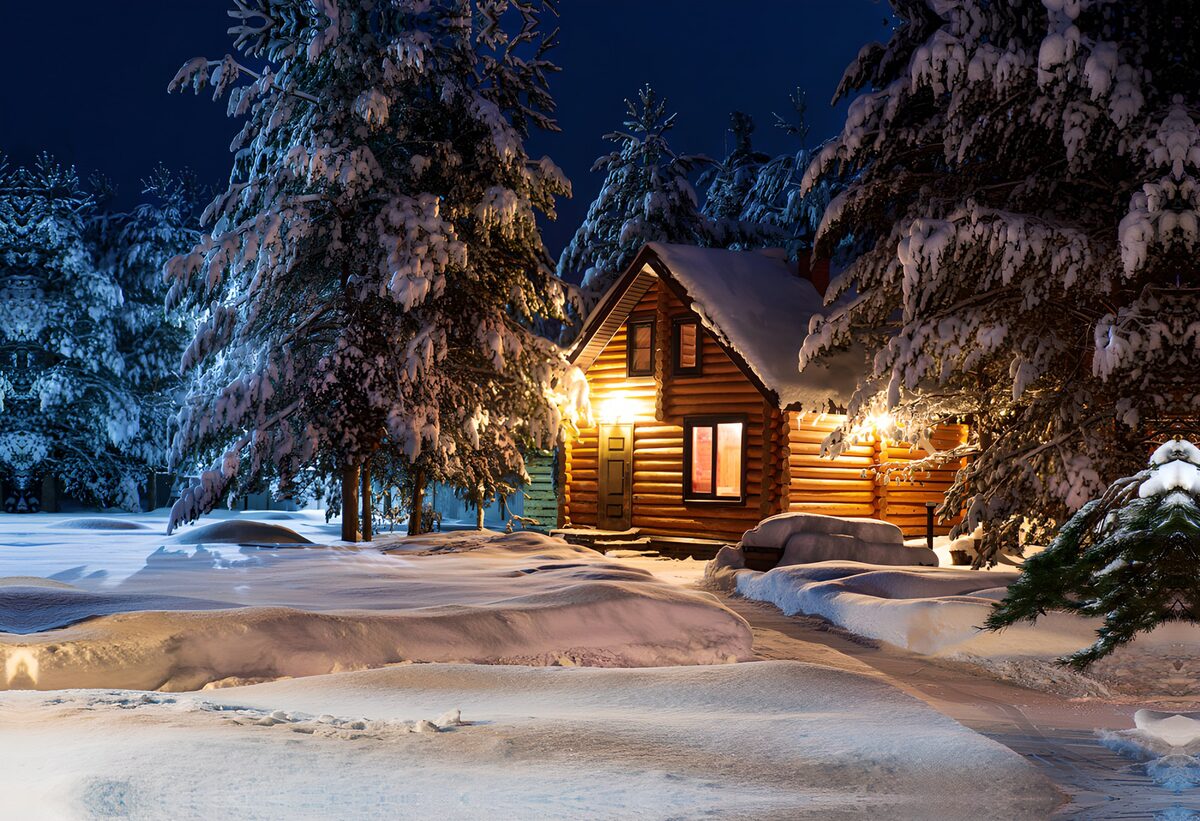 Sfeervolle houten chalet in de sneeuw