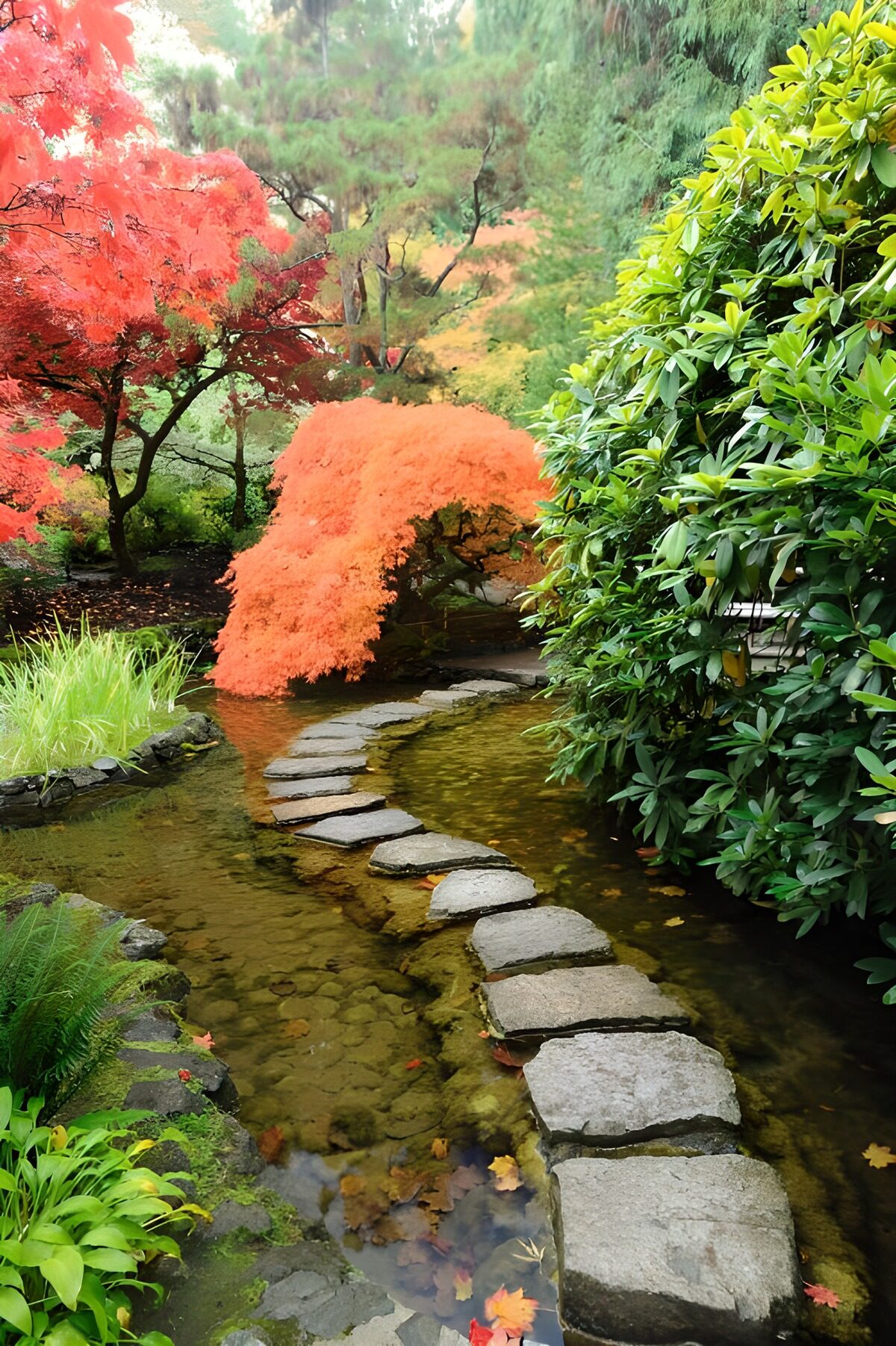 Kleurrijke Japanse tuin met waterelementen