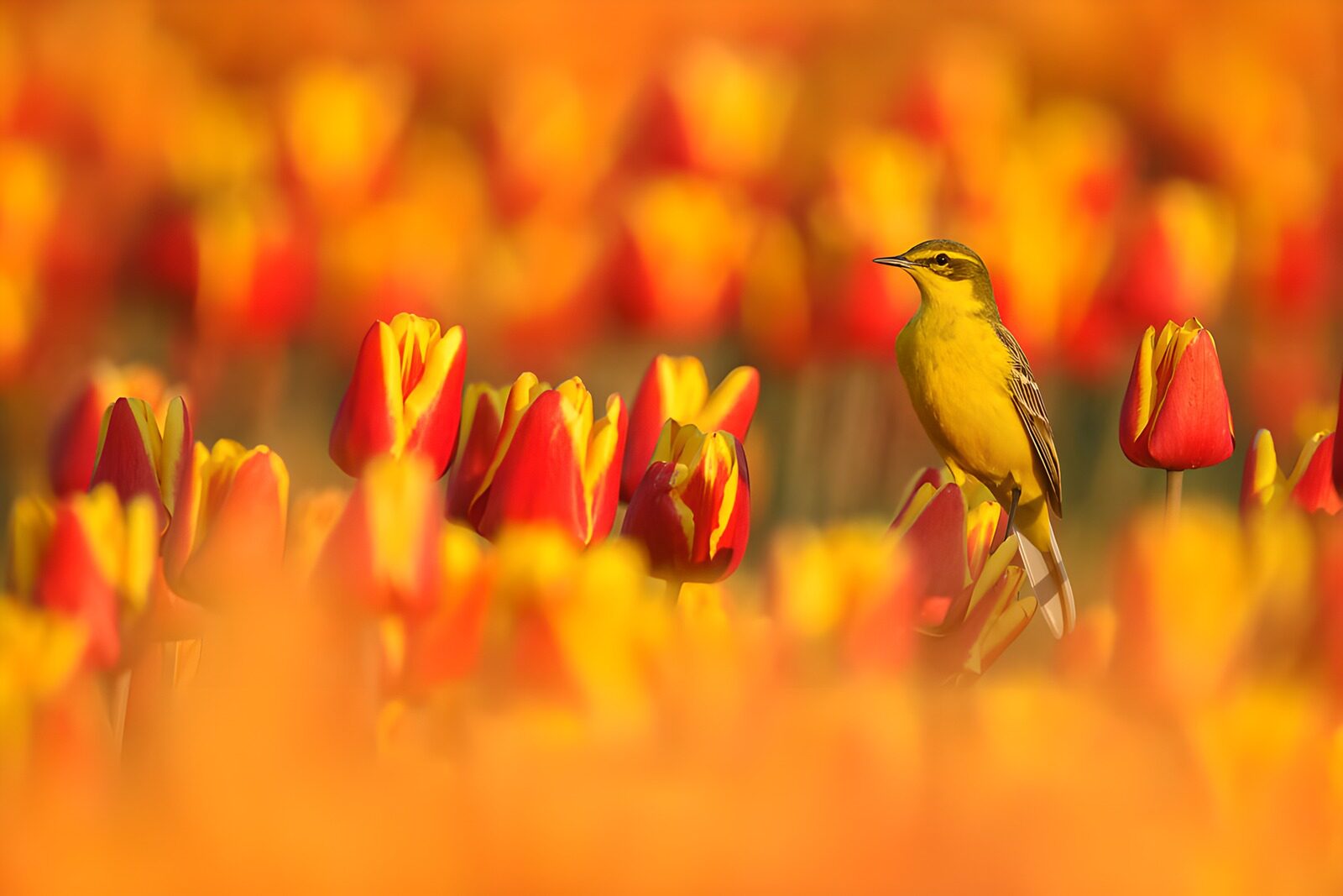 CW7409053: Gele vogel tussen tulpenvelden