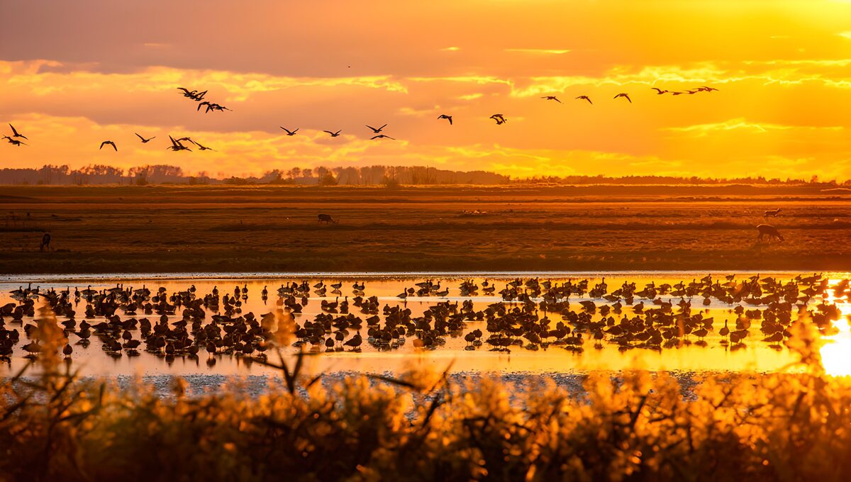 Zonsopgang boven een vogelrijk gebied