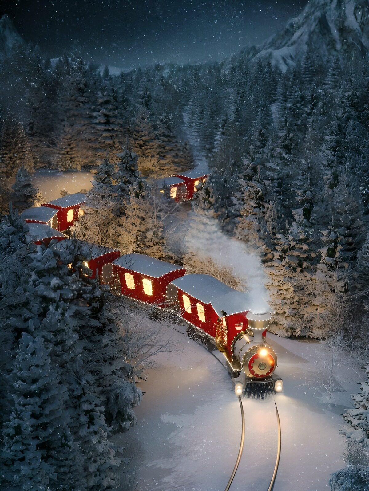 Magische wintertrein door het sneeuwlandschap