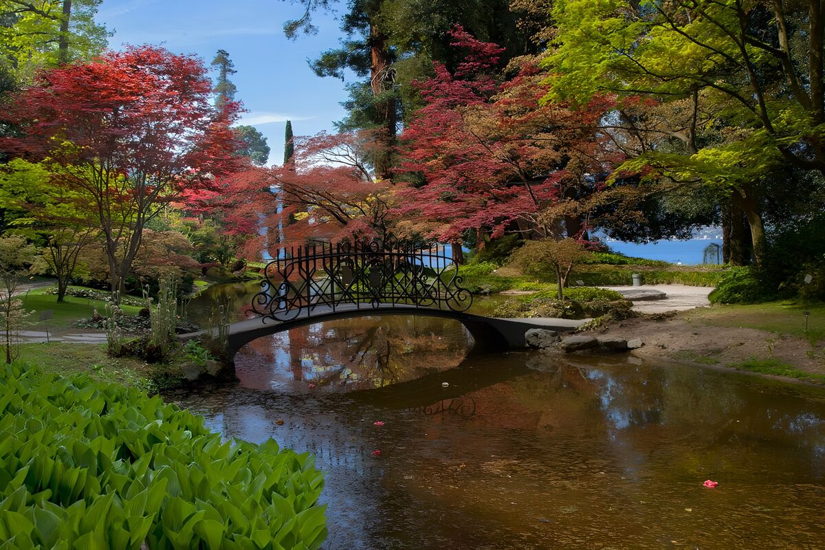 Betoverende tuin met brug en vijver