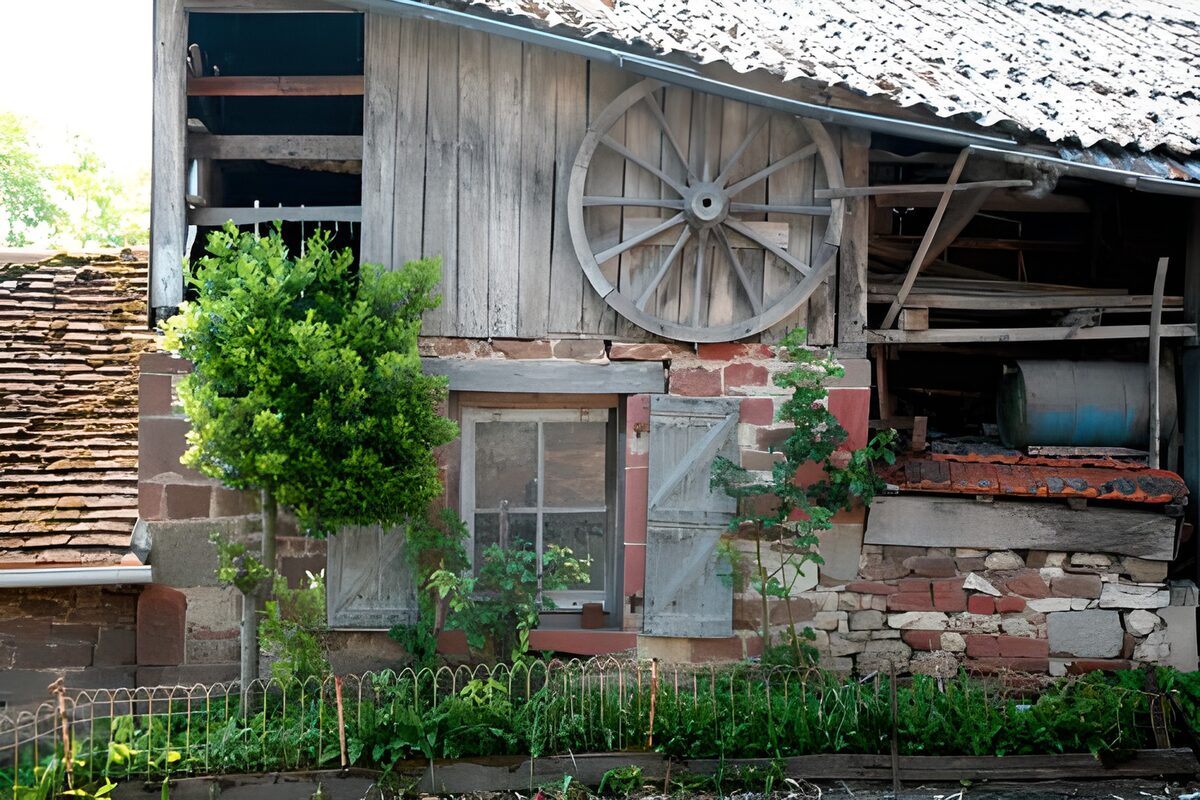 Oude schuur met groen en een houten wiel