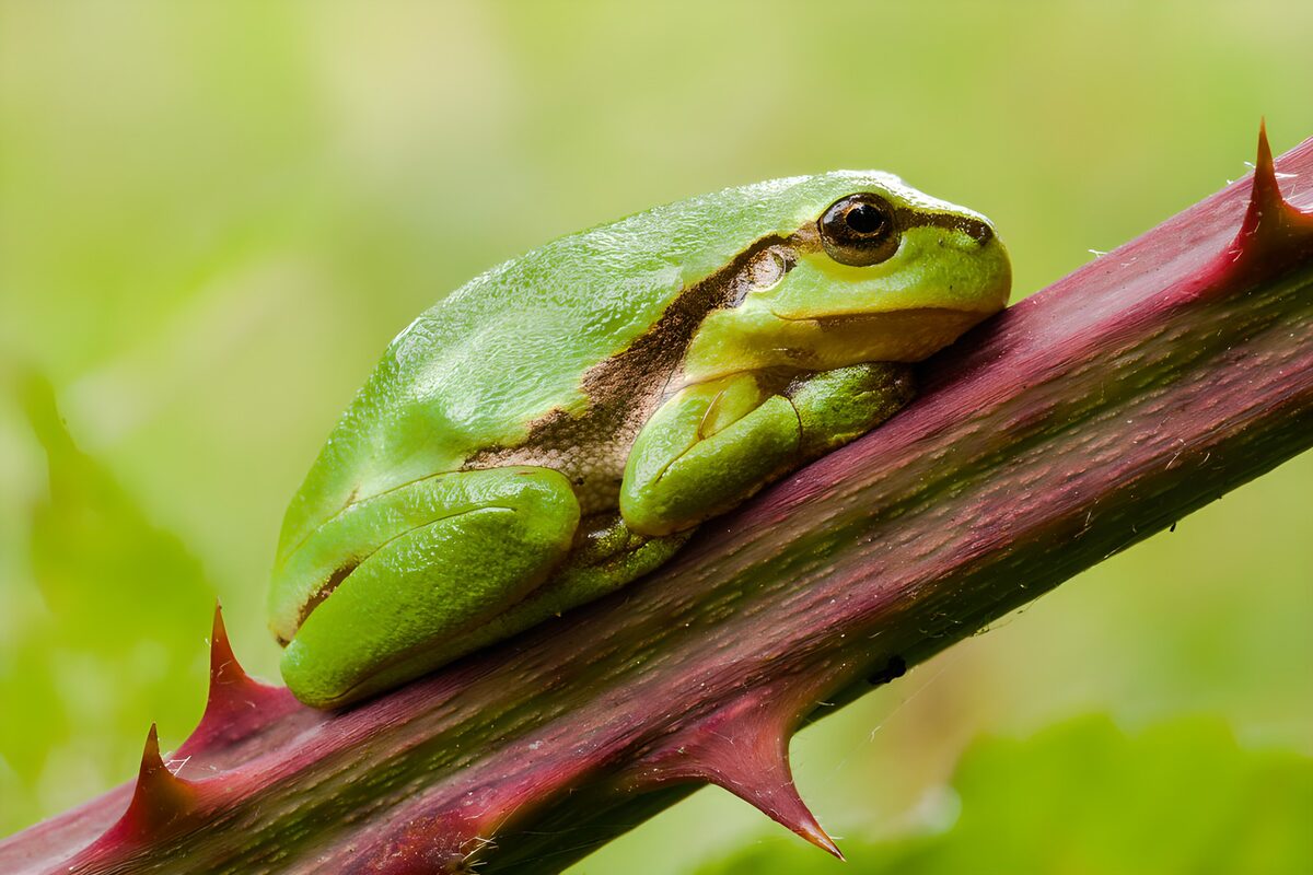 Groene kikker op een doornige tak