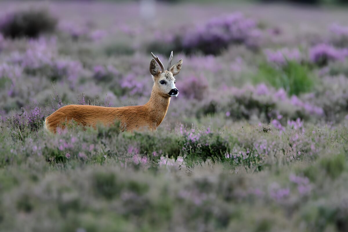 Ree te midden van paarse heide