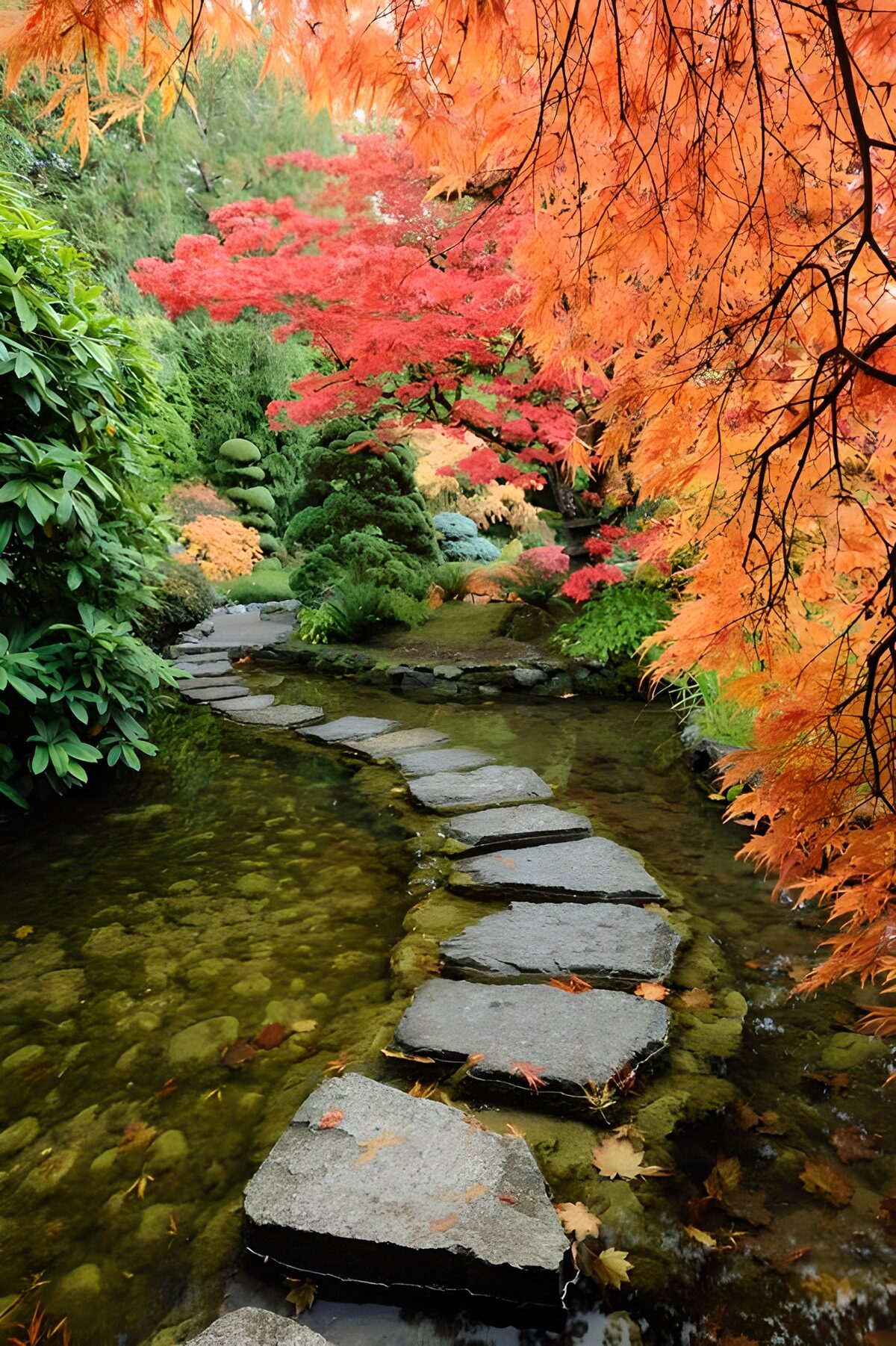 Betoverende herfsttuin met stenen pad