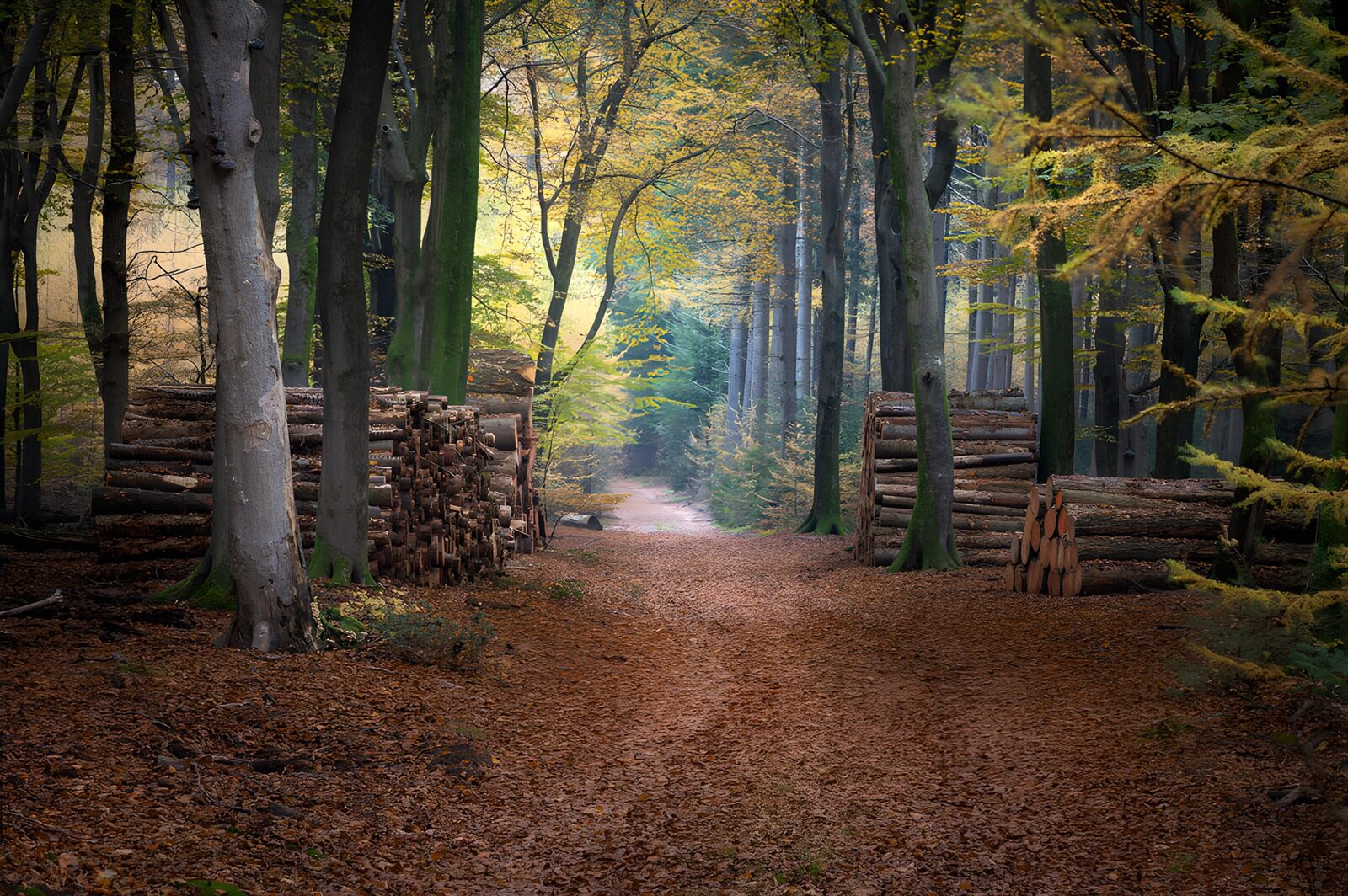 CW3798464: Bosweg met omgehakt hout