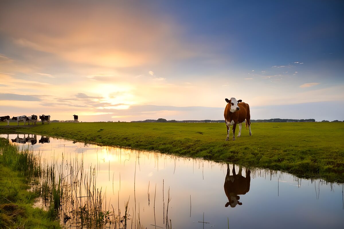 Koe in zonsondergang bij het water