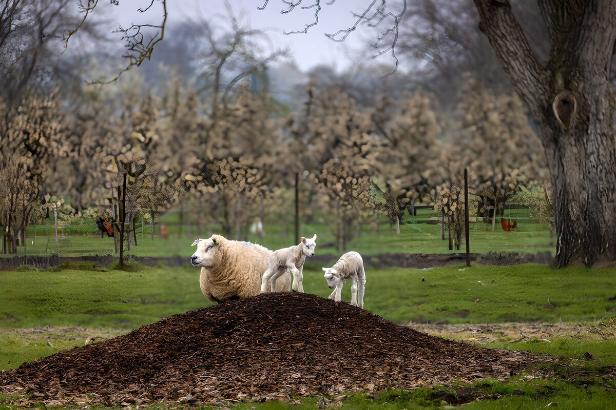 Schaap met lammetjes op een heuveltje