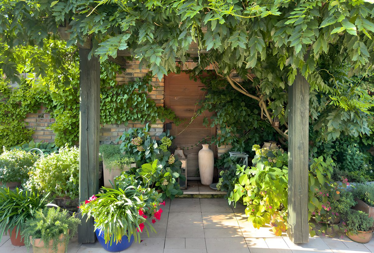 Groene Oase met Potten en Planten