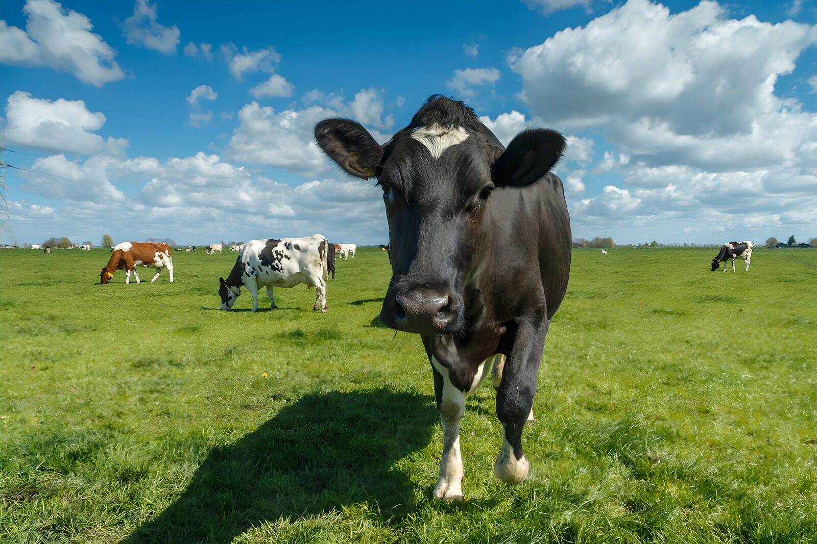 CW9336305: Koe op een groene weide onder blauwe lucht